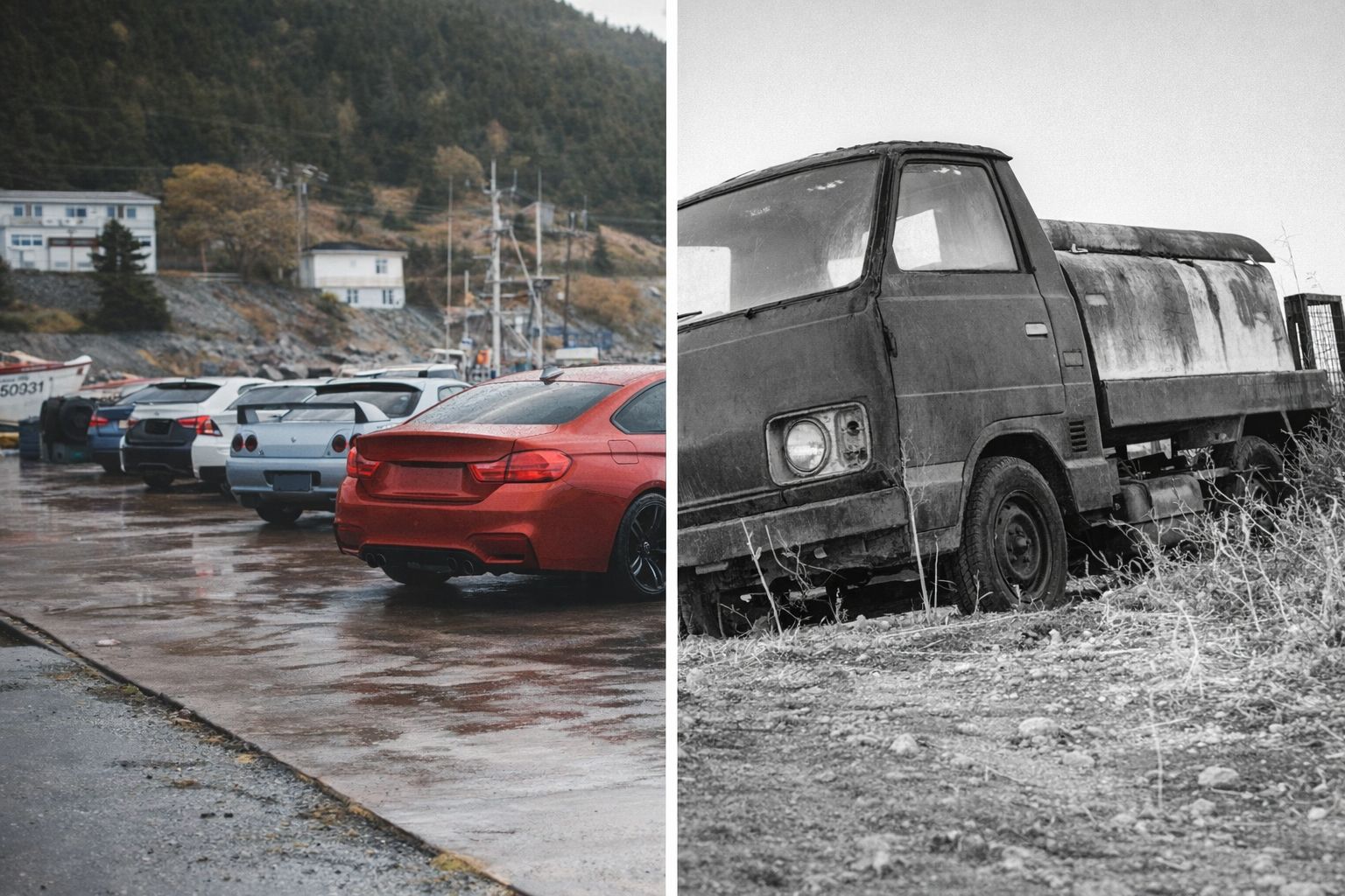 En röd modern personbil i en hamn bredvid en gammal rostig lastbil i svartvitt.